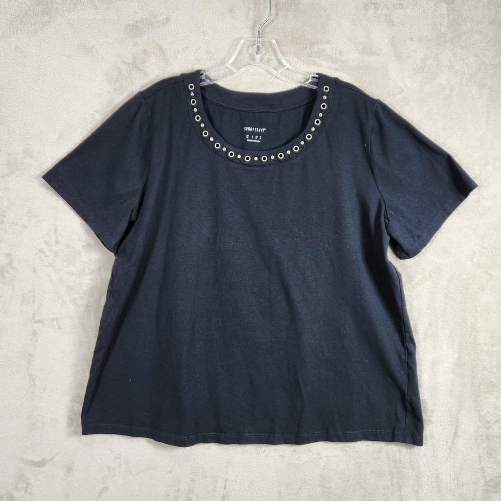 Sport Savvy Womens Large Black Cotton Span Jersey Tee Grommet Neckline A691720